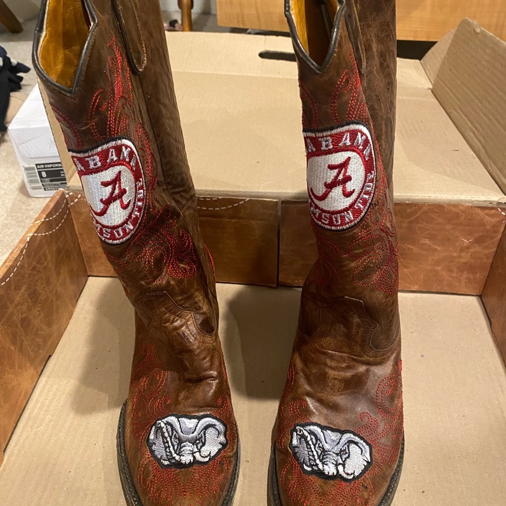 Brown and Red Leather Boots with Bulldog and Logo Accents